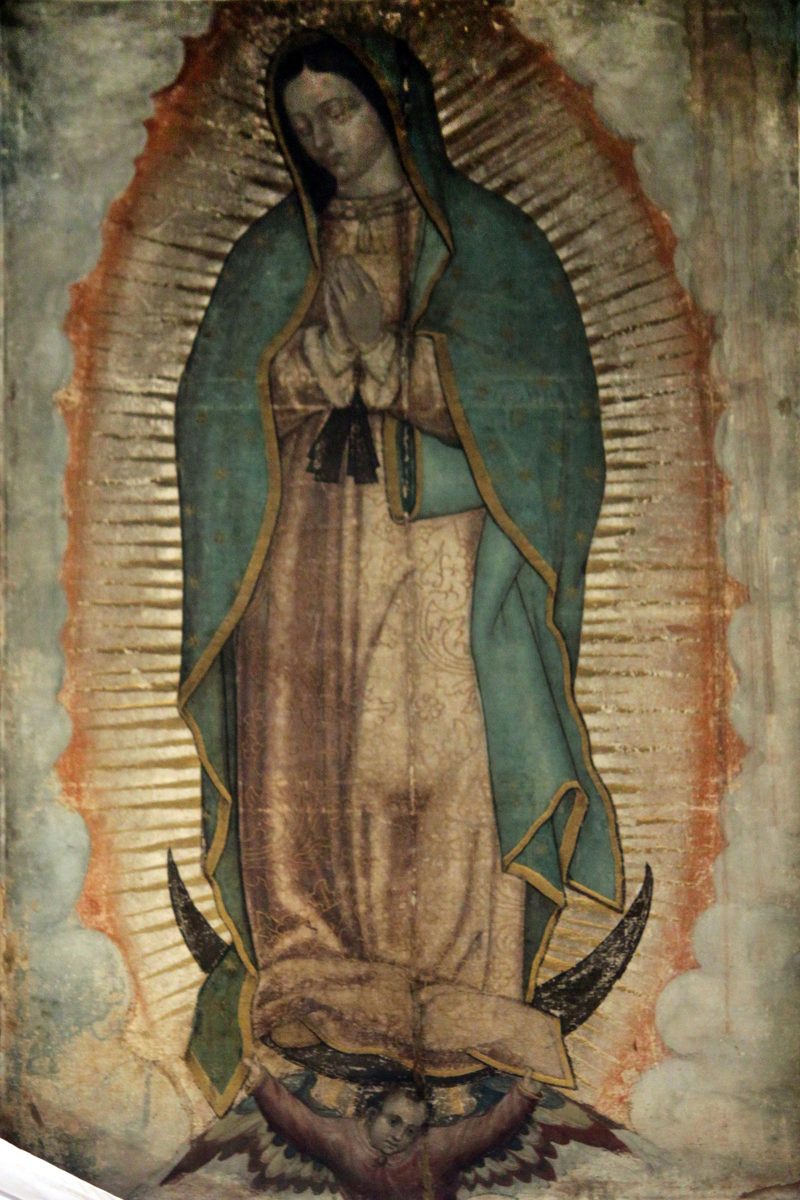 La tilma di San Juan Diego Cuauhtlatoatzin con l&rsquo;immagine di Nostra Signora di Guadalupe: la Vergine in piedi sulla luna crescente, avvolta in una mandorla dorata di raggi, il manto verde-azzurro trapunto di stelle, le mani giunte in preghiera, il volto sereno, il Nahui Ollin a quattro petali alla cintura.